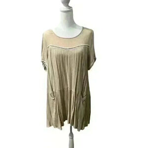 Tan Short Sleeve Embroidered Dress Boutique with pockets